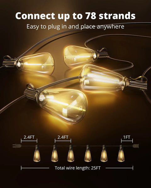 Outdoor String Lights 25 Foot LED Patio Lights with Shatterproof Edison Bulbs, Connectable Up to 78 Strands