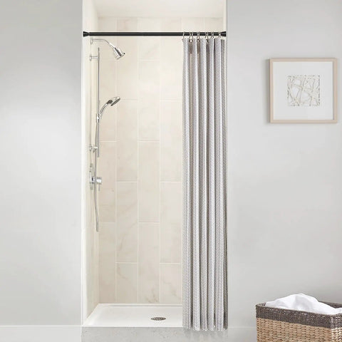 Bathroom shower setup with adjustable tension curtain rods 28 to 48 inches no drill install black expandable spring rod easy fit.