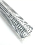 Close-up of clear wire reinforced suction hose 2 In ID X 2-5/16 In OD 10 Ft heavy duty flexible PVC spiral steel wire tubing