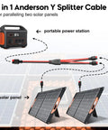 10AWG Anderson Y Splitter Cable for Solar Panels and Portable Power Stations shown with connectors and panels.