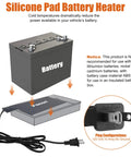Heavy Duty Silicone Battery Heater Pad With Auto Thermostat Control for 120V 60W winter car starts, shown with a battery and plug.