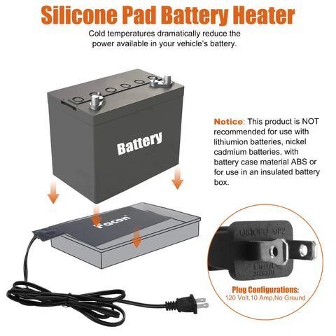 Heavy Duty Silicone Battery Heater Pad With Auto Thermostat Control for 120V 60W winter car starts, shown with a battery and plug.