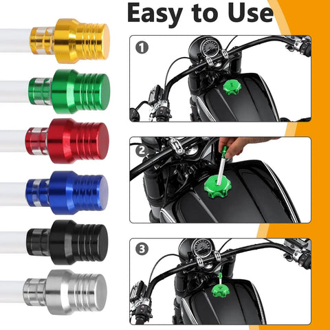 Six Pack Gas Cap Vent Tube Kit For Motorcycles And ATVs Aluminum Breather Hose in six colors shown on black bike