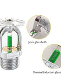 Top Shelf Five Pack Pendent Fire Sprinkler Heads With 1/2 Inch Thread 199 Degree Fahrenheit Rated Green Glass Bulbs And Boss Level Nickel Finish Including Dead Simple Setup Wrench For Straight Up Building Safety close-up of sprinkler head with green glass bulb and threaded base