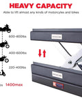 Beefy Heavy Duty 1400 Lb Motorcycle Lift Scissor Jack with arrows indicating lifting capacity for different motorcycles