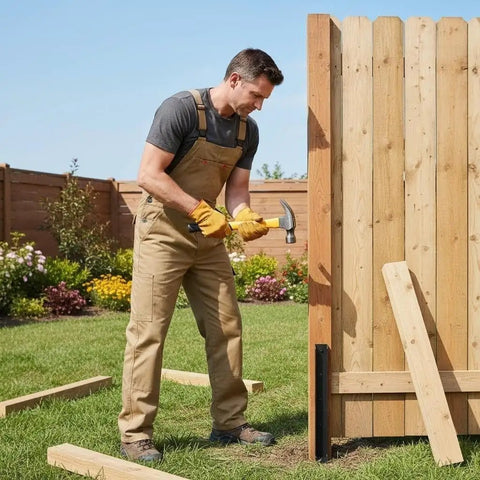 Man using Two Piece Fence Post Repair Kit With Heavy Duty 11 Gauge Steel Anchor Stakes for fixing wooden fence post.