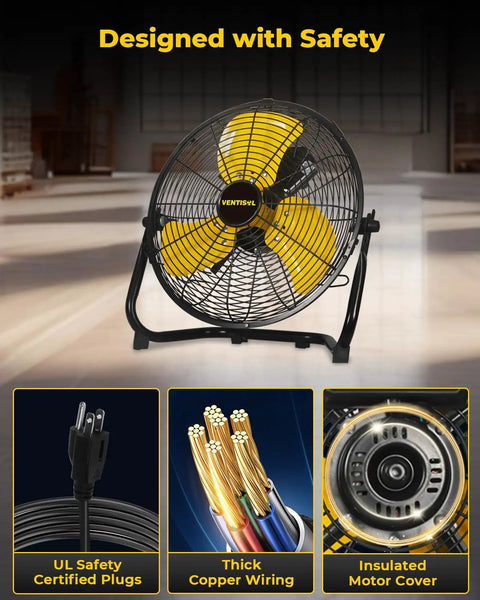 12 Inch Portable Floor Fan with 3 Speed Settings and Heavy Duty Metal Construction, shown with safety features and 180 degree tilt.