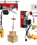 551 Lb Mini Electric Hoist With Emergency Stop Switch, 510 Watt Motor And Wired Control, Compact Portable Winch For Garage Warehouse Construction, showing hoist, control, and tools.