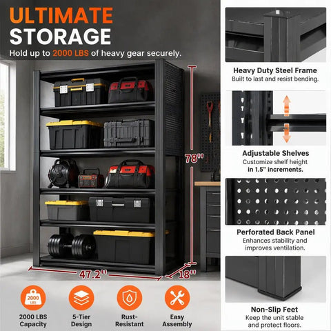 Badass Heavy Duty Storage Shelving With Pegboard 5 Tier Metal Rack Unit Max 2000 Lb Capacity Built Like A Tank For Garage Workshop And Home Storage Black Steel, showcasing tools and bins.