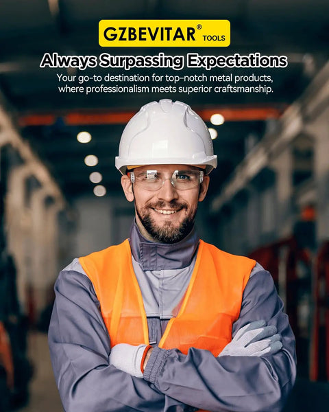 Construction worker in safety gear indoors with GZBEVITAR logo and slogan "Always Surpassing Expectations"