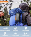 High Capacity Solar Phone Charger 49800mAh with Type-C and Dual USB ports on backpack during camping hike