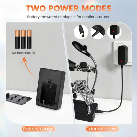 Desktop LED Magnifying Glass Soldering Station with Handy Helping Hands showing battery and external power modes.