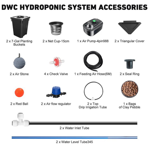 Accessories for Two Buckets DWC Hydroponics Grow System With Top Drip Kit For 7 Gallon Deep Water Culture Includes Air Pump Air Stone Hose