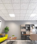 Dope Drop Ceiling Upgrade Kit With Decorative 2x2 Tile Set, Glue-Up Or Lay-In, 24x24 In, Spanish Floral Matte White in modern room