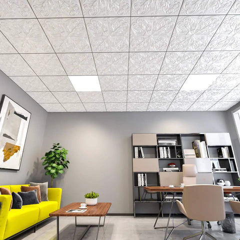 Dope Drop Ceiling Upgrade Kit With Decorative 2x2 Tile Set, Glue-Up Or Lay-In, 24x24 In, Spanish Floral Matte White in modern room