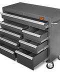 42 Inch Premium Rolling Tool Cabinet With Eight Lockable Soft Close Drawers, Heavy Duty 21 Gauge Powder Coated Steel Construction, 42W X 18D X 36.4H Inches, Black Garage Tool Storage Solution, side view with drawers open.