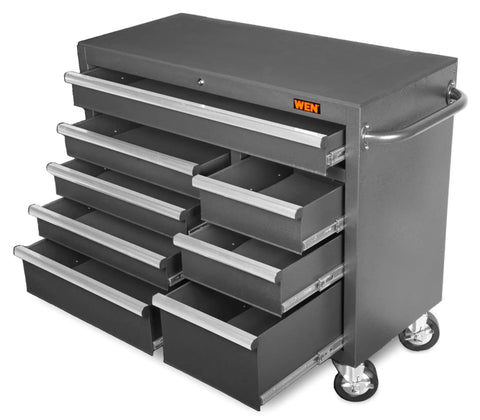 42 Inch Premium Rolling Tool Cabinet With Eight Lockable Soft Close Drawers, Heavy Duty 21 Gauge Powder Coated Steel Construction, 42W X 18D X 36.4H Inches, Black Garage Tool Storage Solution, side view with drawers open.