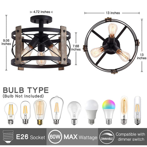 Matte Black 13 Inch Flush Mount Light Fixture With Rustic Farmhouse Vibe 3 Light Ceiling Fixture dimensions and bulb types.