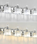 Chrome 4 Light Crystal Vanity Light Over Mirror With Dimmable E26 Sockets, showing two lighting settings, bulbs not included