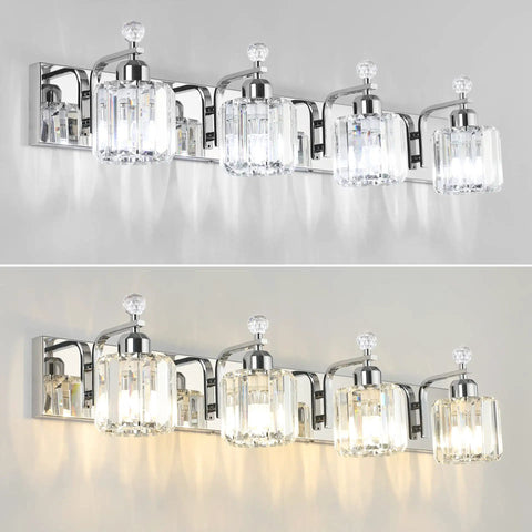 Chrome 4 Light Crystal Vanity Light Over Mirror With Dimmable E26 Sockets, showing two lighting settings, bulbs not included