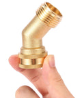 45 Degree Garden Hose Elbow Gooseneck Brass Connector 3/4 Inch GHT To 3/4 Inch No Fuss Stress Relief For RV Water Hoses Heavy Duty Solid Brass Includes Washers 2 Pack For Pressure Washers And Campers, 45-degree brass elbow in hand