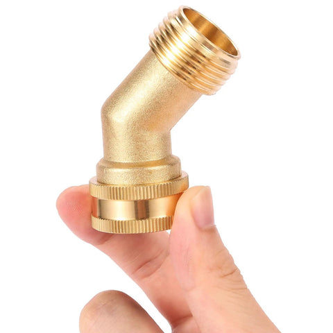 45 Degree Garden Hose Elbow Gooseneck Brass Connector 3/4 Inch GHT To 3/4 Inch No Fuss Stress Relief For RV Water Hoses Heavy Duty Solid Brass Includes Washers 2 Pack For Pressure Washers And Campers, 45-degree brass elbow in hand