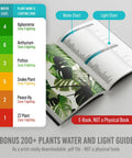 E-book showing plant water and light guide with charts for Aglaonema, Anthurium, and more. "Not a Physical Book" noted on cover.