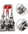 Self Locking Toggle Clamp With 304 Stainless Steel U Bolt, Heavy Duty 200kg Capacity, close-up on handle and bolt mechanism