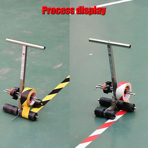 Dual Line Floor Tape Applicator For Quick Floor Marking In Warehouses, Aisles, Playgrounds And Gyms, Pasting Machine With Circle Drawing Kit, Keeps Lines Straight From Standing Position, Reduces Back Strain, Roller Masking Option, shown marking striped floor tape