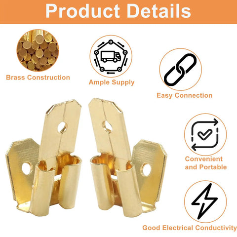 Heavy Duty 25 Pack Piggyback Spade Connectors Bulletproof Uninsulated Brass Quick Splice Tee Adapters showing brass construction and easy connection.