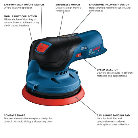12V Max Brushless 5 Inch Random Orbit Sander With Ergonomic Palm Grip Dust Collection and Variable Speed features