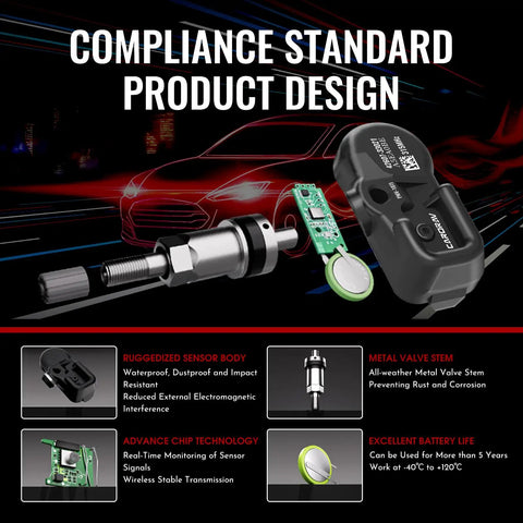 315MHz Tire Pressure Monitoring Sensor 4-Pack For Toyota Cars And SUVs No Fuss TPMS Replacement Kit OE Fit 2003-2019 close-up of sensor body and valve stem