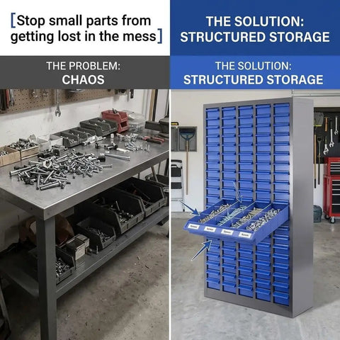 100 Drawer Bolt And Nut Organizer And Tool Storage Cabinet For Garage Workshop Grab And Go Access 26x9x46 Inches Rust Resistant Parts Cabinet For Hardware Storage in garage workspace with organized drawers.