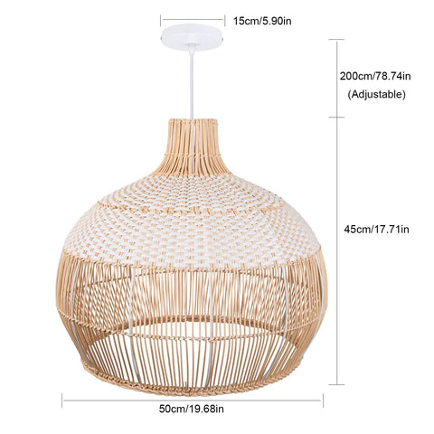 Rattan Chandelier 1 Light Boho Coastal Wicker Handwoven Pendant Light for Kitchen Dining Room Restaurants, dimensions shown