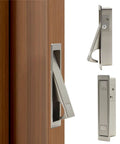 Pocket Door Pull Handle For Flush Mount Sliding Doors In Brushed Nickel Finish, shown installed and in detail with press to pop out feature