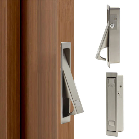 Pocket Door Pull Handle For Flush Mount Sliding Doors In Brushed Nickel Finish, shown installed and in detail with press to pop out feature