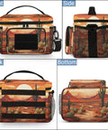 Cactus Desert Tactical Lunch Bag For Men And Women showing front, side, back, and bottom views with desert design.
