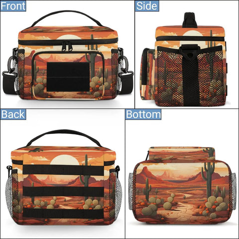 Cactus Desert Tactical Lunch Bag For Men And Women showing front, side, back, and bottom views with desert design.