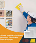 Person repairing wall with 8 Pack Drywall Repair Kit For Large Holes With Six To Eight And Twelve Inch Patch Sets Self Adhesive Mesh Scraper And Sandpaper