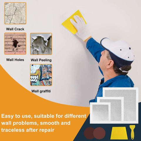 Person repairing wall with 8 Pack Drywall Repair Kit For Large Holes With Six To Eight And Twelve Inch Patch Sets Self Adhesive Mesh Scraper And Sandpaper