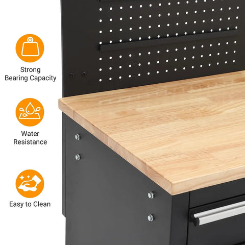 Close-up of rubber wood top and black metal cabinet of 61 Inch Rolling Tool Chest With 10 Drawers Rubber Wood Top Heavy Duty Metal Cabinet Locking System Power Strip Drawer Liners 1675 Lbs Capacity Built To Roll For Garage Shop And Warehouse Black showing durability features