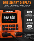 Close-up of 2-In-1 Soldering Station And Hot Air Rework Kit With Dual Channel Control, digital display, orange casing