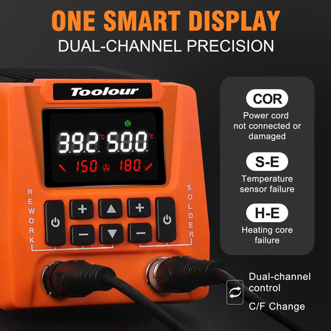 Close-up of 2-In-1 Soldering Station And Hot Air Rework Kit With Dual Channel Control, digital display, orange casing