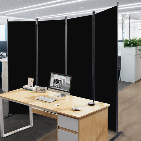 4 Panel Folding Privacy Screen Room Divider With Wider Feet, 6 Ft Portable Freestanding Partition In Black behind office desk