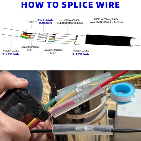 Get This Heavy Duty Underground Wire Splice Kit For Submersible Pumps Featuring Clear Dual Wall Heat Shrink And Black Outer Sleeve To Seal 16-14 Awg Four Conductor Cords Waterproof And Repair Electrical Connections With Ease. diagram showing 16-14 AWG four-conductor splice with clear heat shrink and black sleeve