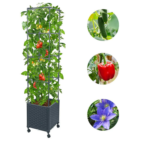 Raised Garden Bed Planter With Trellis For Climbing Veggies And Tomatoes, Outdoor Tomato Cage On Wheels, 56.7 Inch Tall Grow Box