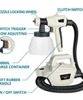Top Tier HVLP Paint Sprayer, 800W Electric Spray Paint Gun showing 1300ml container and ergonomic design for easy use.