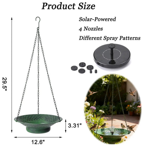 Hanging Solar Powered Bird Bath With Fountain For Garden And Lawn 12.6 Inch Metal Bird Bath Rust Resistant Green Finish No Cords