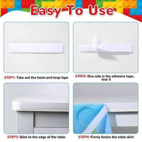 Steps to use the hook-and-loop tape for the Six Foot Building Block Table Skirt With Bold Primary Bricks For Teacher Desk And Classroom Tables Dope Back To School Vibes Slick Cover For Office Cabinets And First Day Displays.