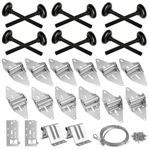 Quiet Full Wrap Nylon Garage Door Roller Kit with hinges, brackets, and wire rope for 8ft doors; components laid out